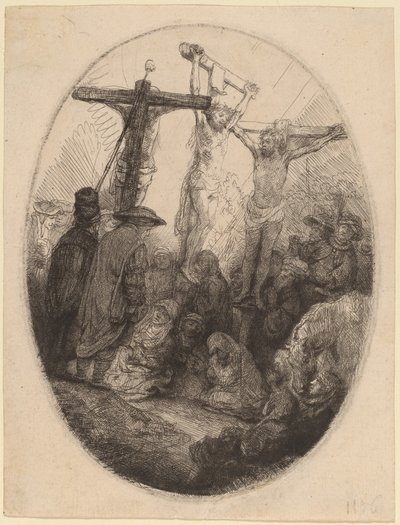 Kristus korsfäst mellan de två tjuvarna: en oval tallrik av Rembrandt van Rijn