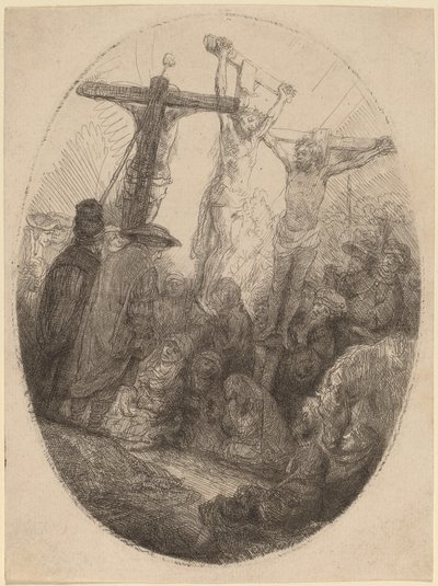 Kristus korsfäst mellan de två tjuvarna: en oval tallrik av Rembrandt van Rijn
