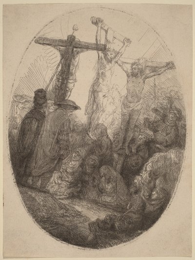 Den korsfäste Kristus mellan de två tjuvarna: en oval tallrik av Rembrandt van Rijn