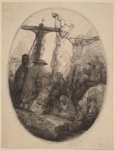 Den korsfäste Kristus mellan de två tjuvarna: en oval tallrik av Rembrandt van Rijn
