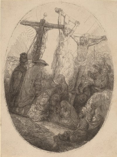 Kristus korsfäst mellan de två tjuvarna: en oval tallrik, ca. 1641. av Rembrandt van Rijn