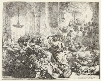 Kristus driver bort penningväxlarna (B.69; BB. 35-Bii) av Rembrandt van Rijn