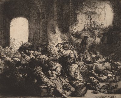 Kristus driver växlarna från templet, 1635. av Rembrandt van Rijn