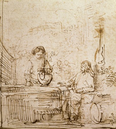 Kristus och Samariens kvinna (penna och brunt bläck på papper) av Rembrandt van Rijn