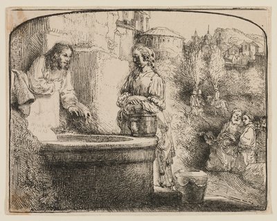 Kristus och Samariens kvinna: ett välvt tryck av Rembrandt van Rijn