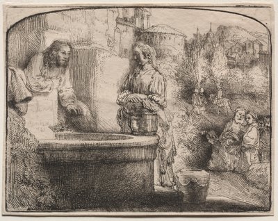 Kristus och kvinnan i Samaria: Ett välvt tryck, 1657-58. av Rembrandt van Rijn