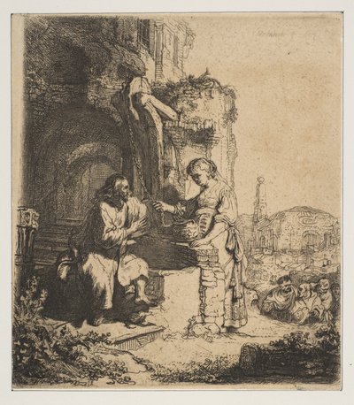 Kristus och Samariens kvinna bland ruiner. av Rembrandt van Rijn