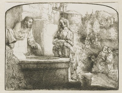 Kristus och kvinnan i Samaria: ett välvt tryck av Rembrandt van Rijn