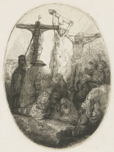 Kristus korsfästes mellan de två tjuvarna: en oval platta av Rembrandt van Rijn
