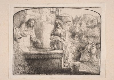Kristus och den samariska kvinnan (Komposition som avslutas med en båge upptill) av Rembrandt van Rijn