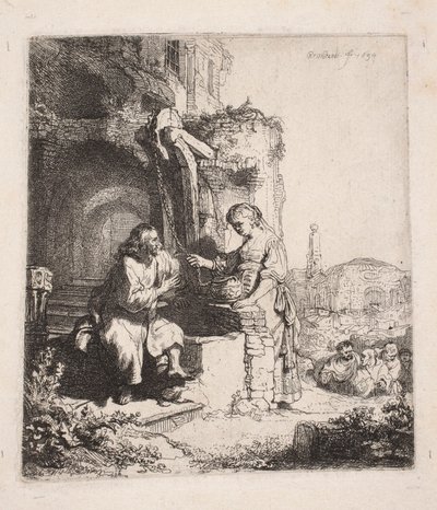 Kristus och den samariska kvinnan bland ruinerna (vertikal illustration) av Rembrandt van Rijn