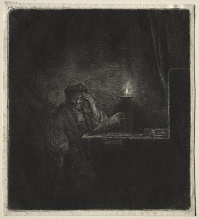 Kopia av Student vid ett bord vid levande ljus av Rembrandt van Rijn