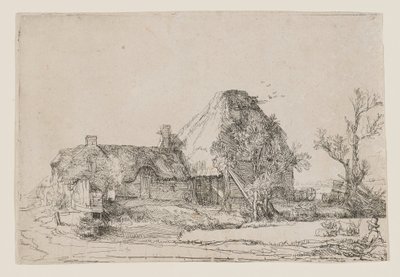 Stuga och lantbruksbyggnader med en man som tecknar av Rembrandt van Rijn