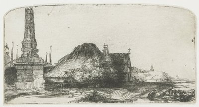 Stuga och gränsstolpe vid Spaarndammerdijk (”L’Obelisque”) av Rembrandt van Rijn