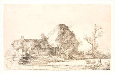 Stuga och gårdsbyggnader med en man som skissar av Rembrandt van Rijn