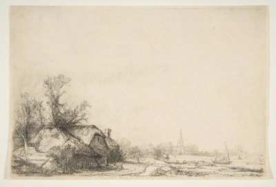 Stuga bredvid en kanal med utsikt över Ouderkerk, ca. 1641. av Rembrandt van Rijn