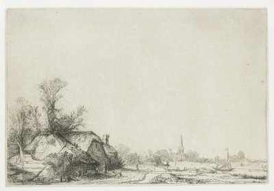 Stuga bredvid en kanal med utsikt över Ouderkerk av Rembrandt van Rijn