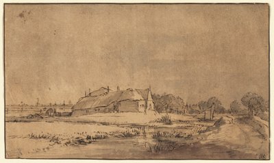 Stugor och lada bredvid en väg av Rembrandt van Rijn