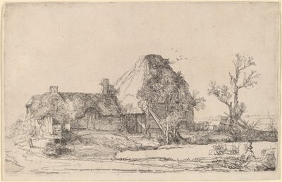 Stugor och gårdsbyggnader med en man som skissar av Rembrandt van Rijn