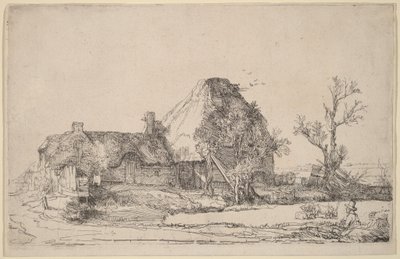 Stugor och gårdsbyggnader med en man som tecknar av Rembrandt van Rijn