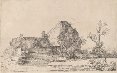 Stugor och gårdsbyggnader med en man som skissar, ca. 1645. av Rembrandt van Rijn