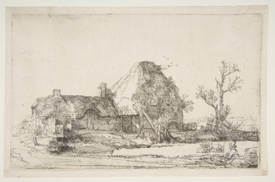 Stugor och gårdsbyggnader med en man som skissar, ca. 1645. av Rembrandt van Rijn