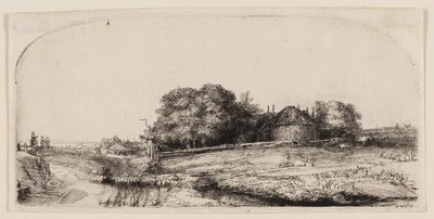 Stugor och en hölada på Diemerdijk med en fårflock av Rembrandt van Rijn