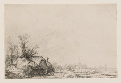 Stugor vid en kanal med en kyrka och en segelbåt av Rembrandt van Rijn