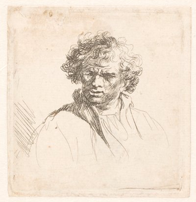 Man med lockigt huvud med snett mun av Rembrandt van Rijn