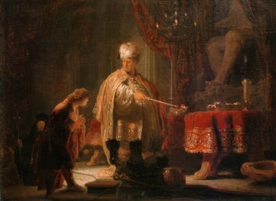 Daniel och Cyrus framför idolen av Bel av Rembrandt van Rijn