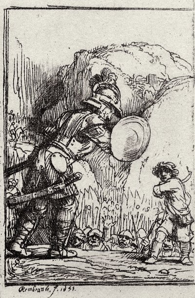 David och Goliat. Illustration för Piedra gloriosa av Menasseh ben Israel av Rembrandt van Rijn
