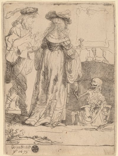 Döden dyker upp för ett gift par från en öppen grav av Rembrandt van Rijn