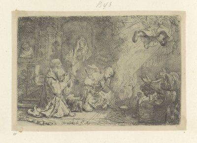 Angel lämnar Tobias och hans familj Recueil de quatre-vingt-cinq estampes originales (serietitel) av Rembrandt van Rijn