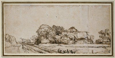 Gårdsbyggnader bredvid en väg (penna och brunt bläck med brun tvätt) av Rembrandt van Rijn