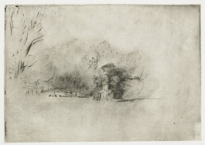 Bondgård bland träd Trädklump med utsikt av Rembrandt van Rijn