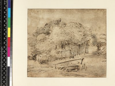 Bondgård under träd, med en gångbro, ca 1650 (penna och bläck med tvätt på papper) av Rembrandt van Rijn
