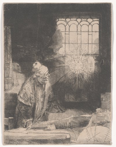 Faust i sitt arbetsrum och tittar på en magisk skiva, eller En lärd i sitt arbetsrum, ca 1652 av Rembrandt van Rijn