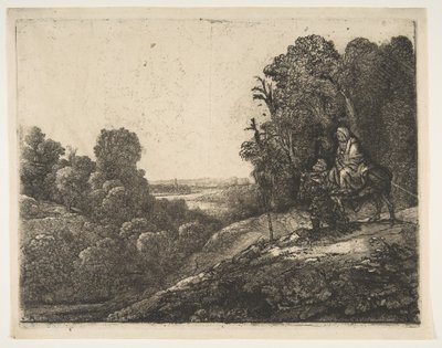 Flyg till Egypten: Ändrad från Tobias och ängeln av Hercules Segers, ca. 1653. av Rembrandt van Rijn