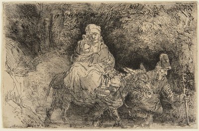 Flykten till Egypten: Den heliga familjen passerar en bäck av Rembrandt van Rijn