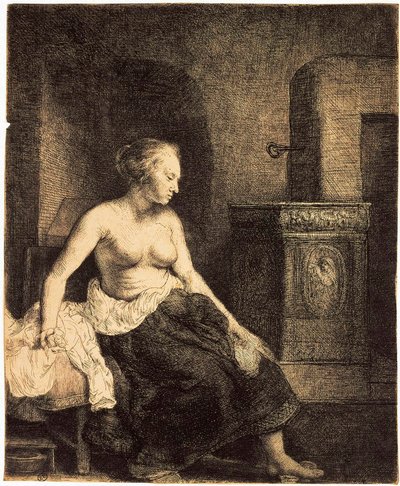Halvnaken kvinna vid en spis, 1658. av Rembrandt van Rijn