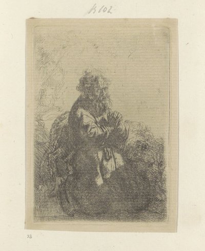 Jerome knäböjer i bön och tittar ner Recueil de quatre-vingt-cinq estampes originales (serietitel) av Rembrandt van Rijn