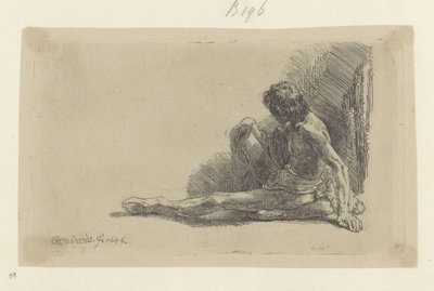 Ung man sitter på golvet med ett ben utsträckt Recueil de quatre-vingt-cinq estampes originales (serietitel) av Rembrandt van Rijn