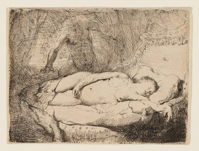 Jupiter och Antiope: Mindre platta av Rembrandt van Rijn