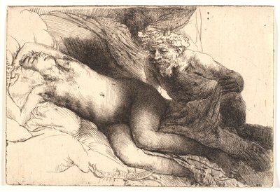 Jupiter och Antiope: den större plattan av Rembrandt van Rijn