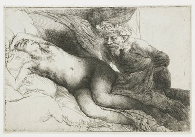Jupiter och Antiope: den större plattan av Rembrandt van Rijn