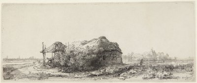 Landskap med stugor och en höskulle av Rembrandt van Rijn