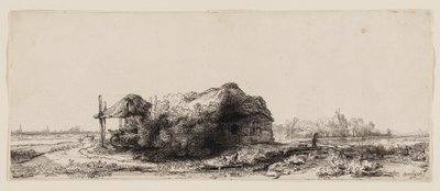 Landskap med stugor och en hölada: avlångt av Rembrandt van Rijn