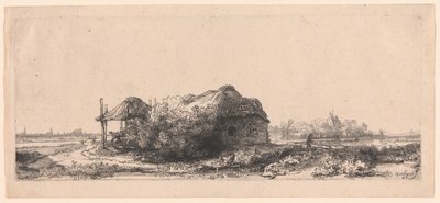 Landskap med stugor och en hölada: avlångt av Rembrandt van Rijn
