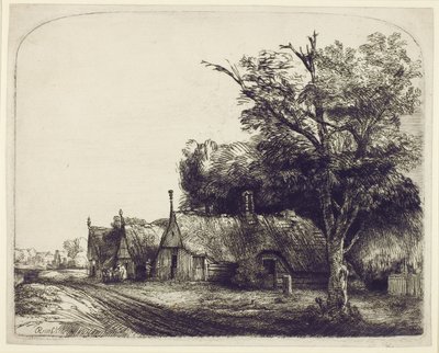 Landskap med stugor med gavel vid en väg, 1650 (etsning och spets på papper) av Rembrandt van Rijn
