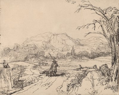 Landskap med idrottsman och hund, ca. 1653. av Rembrandt van Rijn